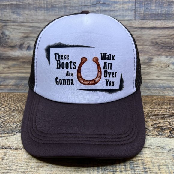 These Boots Are Made for Walkin' Mens Trucker Hat Brown Snapback Dolly Parton - Picture 2 of 8